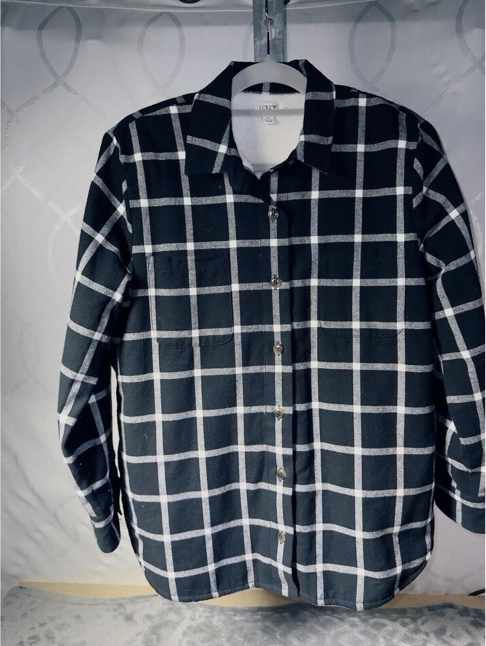 J. Crew Sherpa-Lined Plaid Shirt-Jacket Flannel Black White Womens Size S